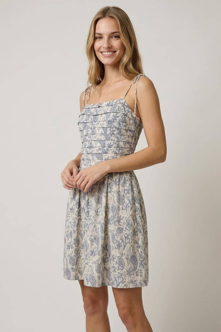 Doe and Rae Pleated Torso Fit and Flare Mini Dress in Ivory/Denim