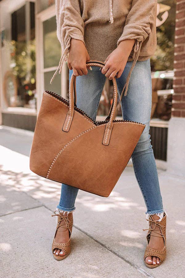 Stitch Trim Detail Shoulder/Tote Set Bag coffee1