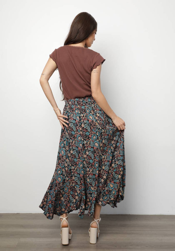 Angie Floral High Waisted Skirt with Ruffles in Black 3