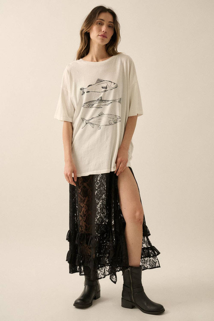 Promesa USA - Three Fishes Garment-Washed Oversize Graphic Tee in Ivory 2