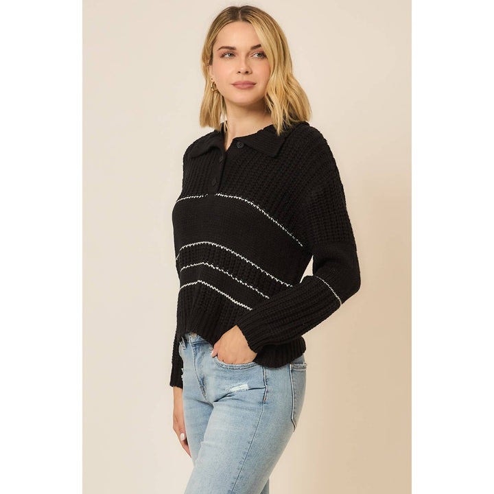 Button Up Knit Sweater with Contrast Stripes in Black 3