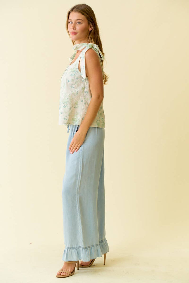 Doe and Rae Denim Ruffle Bottom Wide Leg Pants LT. Denim 6
