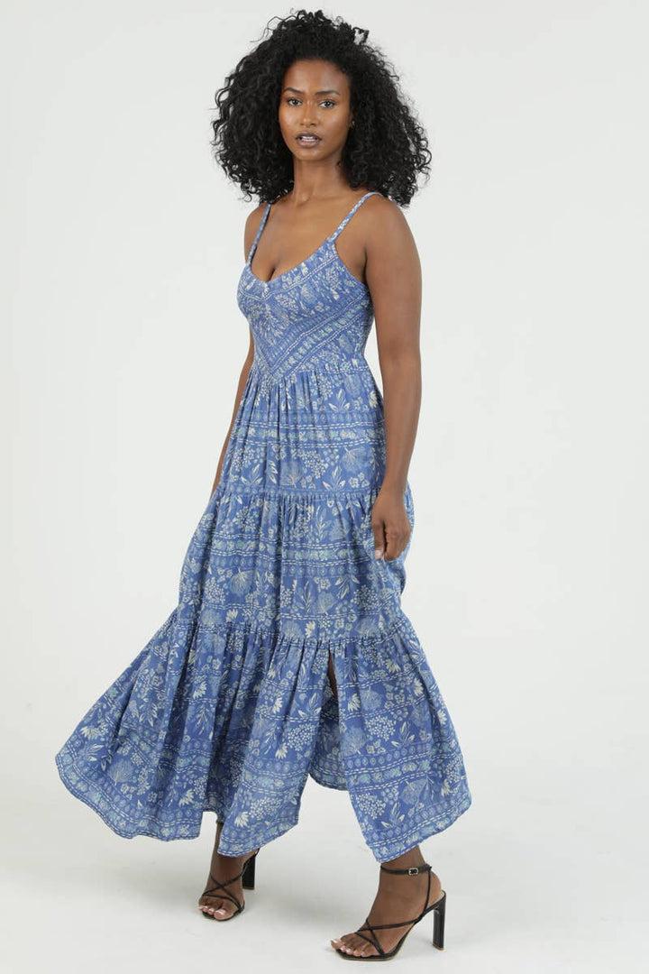 Angie V-Neck Smocked Bodice Maxi Dress in Blue 5