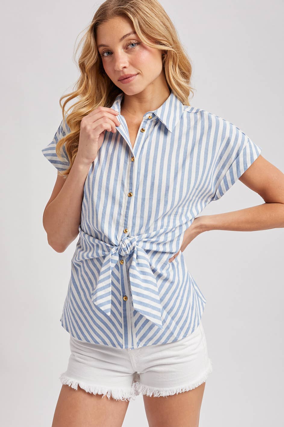 Bluivy chambray striped knotted button down shirt