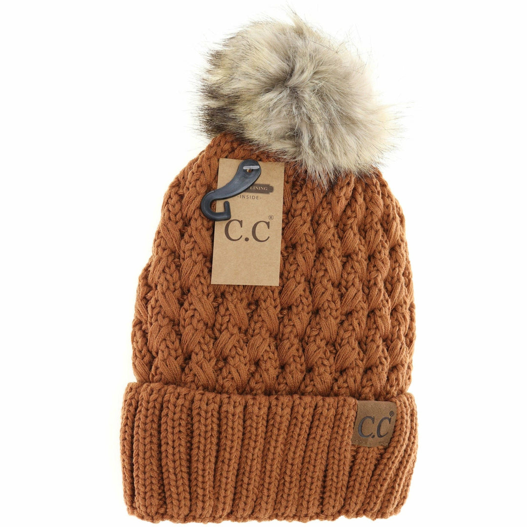 C.C Beanie Solid Lattice Fur Pom Cc Beanie Yj826