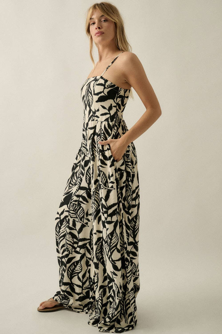 Promesa USA - Tropical-Print Wide-Leg Pocket Cami Jumpsuit in Oatmeal-Black side
