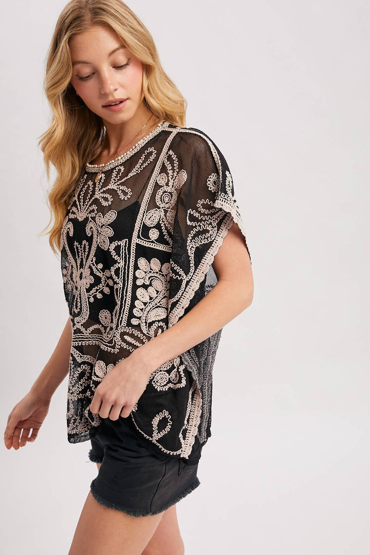 Mesh Embroidered Crochet Top black 5