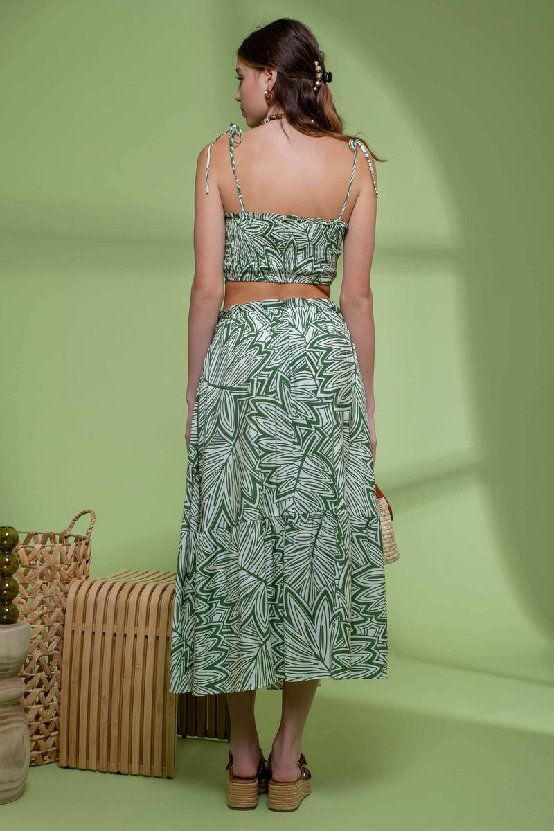 Leaf Print Ruffle Midi Skirt