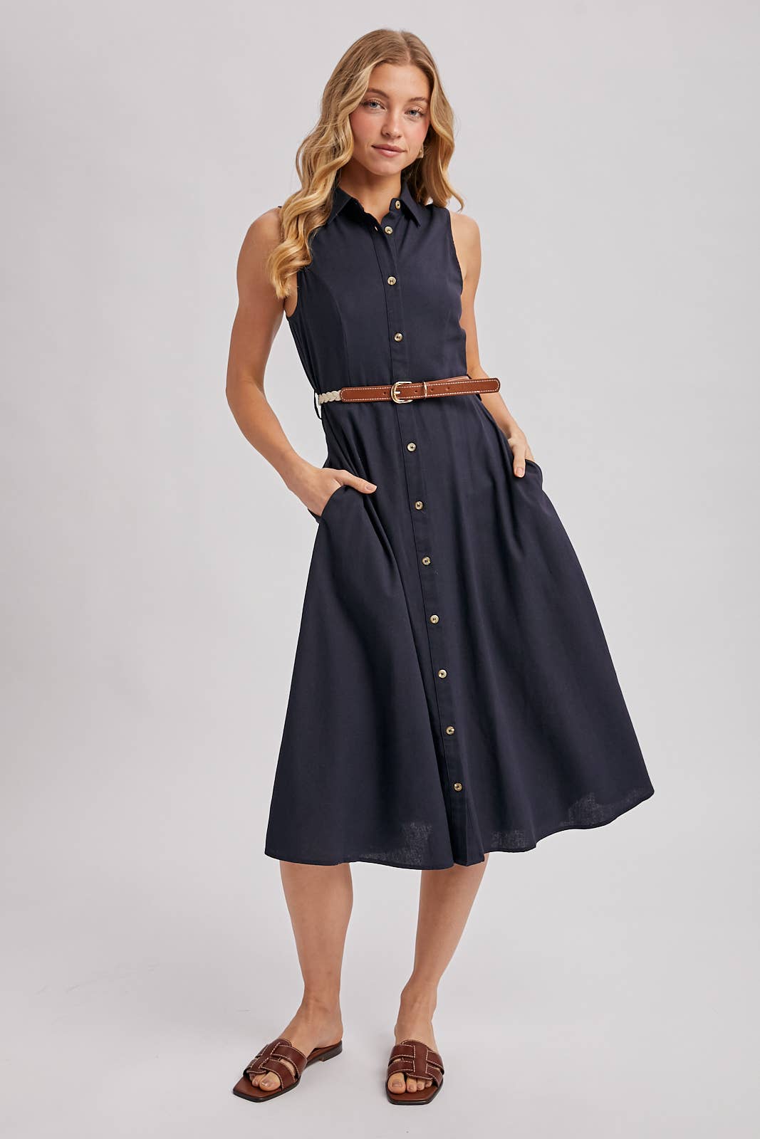 Bluivy Button Down Sleeveless Midi Dress in navy front