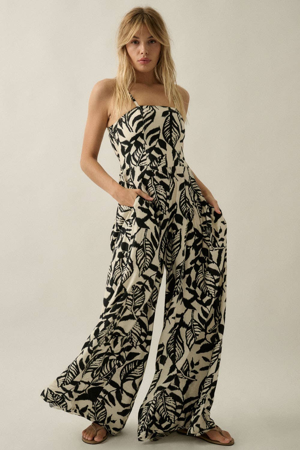 Promesa USA - Tropical-Print Wide-Leg Pocket Cami Jumpsuit in Oatmeal-Black front
