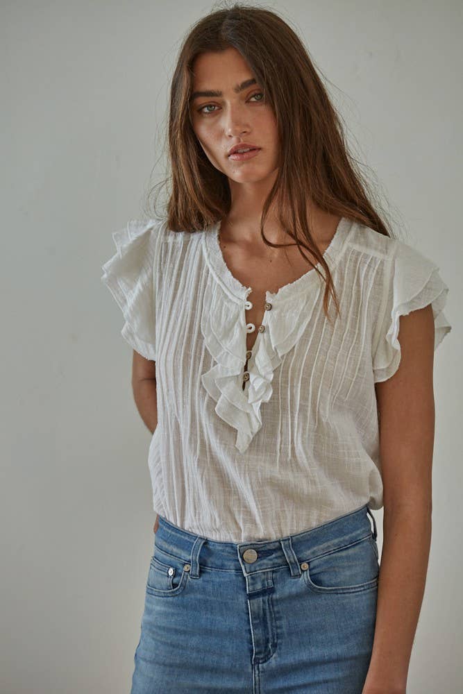By Together - Woven Button V-Neck Short Sleeve Top White 1