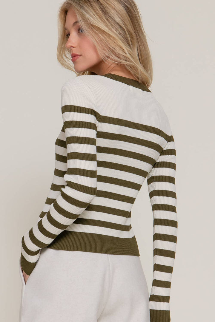 Active USA - Long Sleeve Crew Neck Stripe Sweater Cardigan in Ivory/olive 2