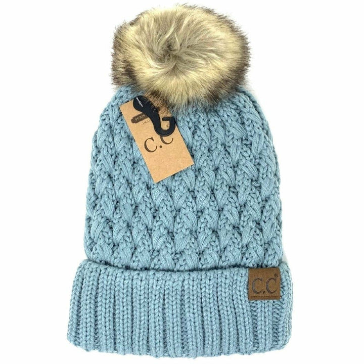 C.C Beanie Solid Lattice Fur Pom Cc Beanie Yj826