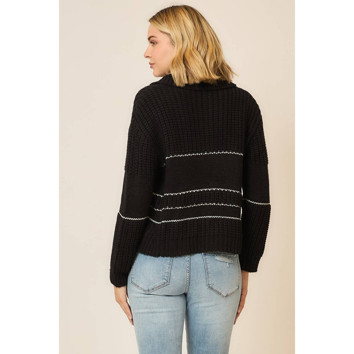 Button Up Knit Sweater with Contrast Stripes in Black 1