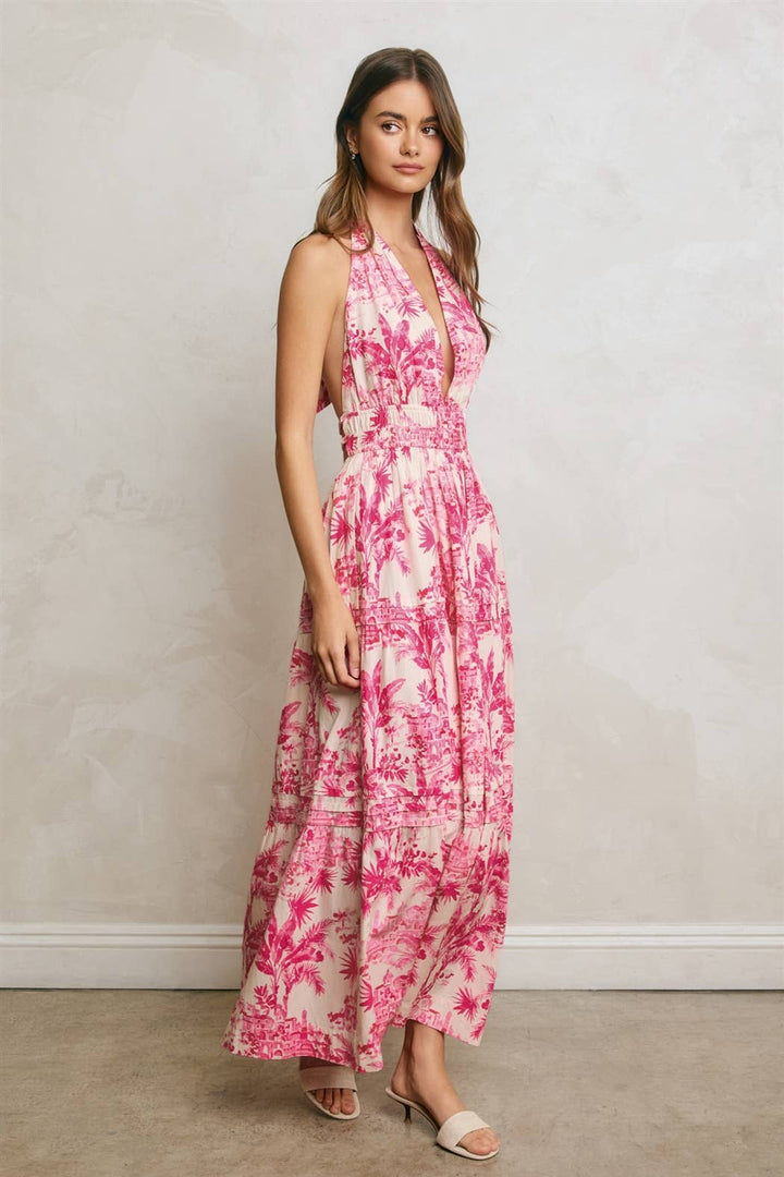 Dress Forum - Conversational Open Back Halter Maxi Dress in Hibiscus Palm 1