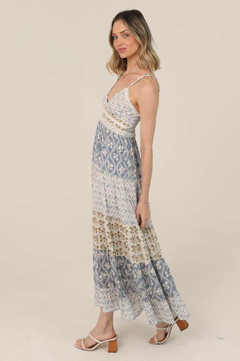 Angie V-Neck Mix Print Lace Trim Maxi Dress in Vintage Blue side