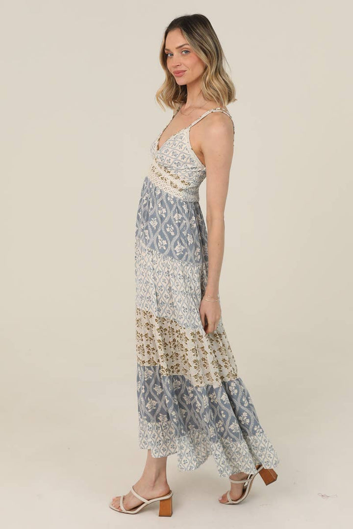 Angie V-Neck Mix Print Lace Trim Maxi Dress in Vintage Blue side
