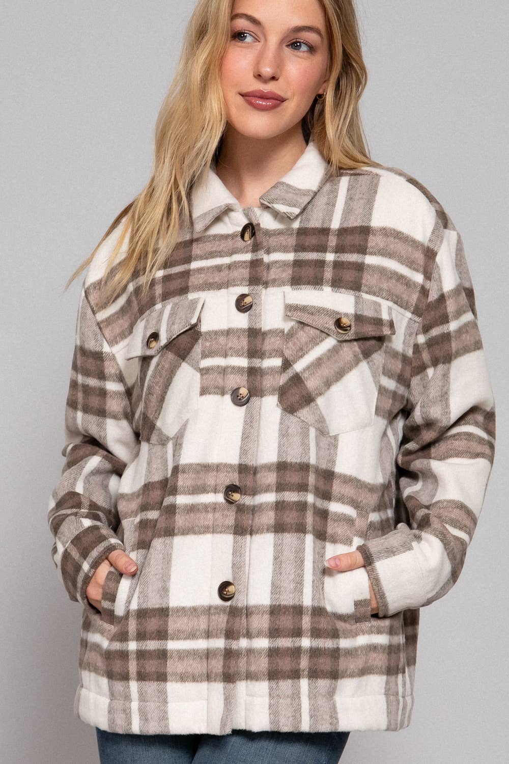 Inside Faux Fur Brushed Plaid Jacket Taupe/Brown  4