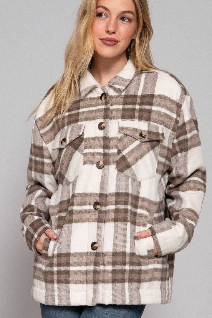 Inside Faux Fur Brushed Plaid Jacket Taupe/Brown  4