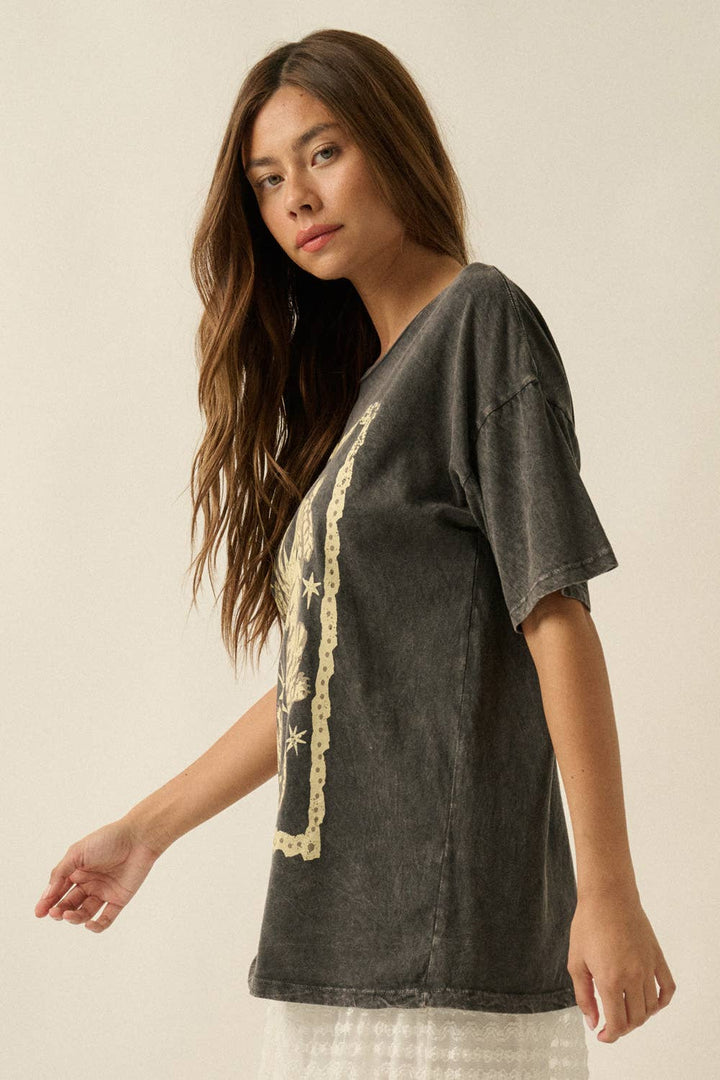 Promesa USA - Tigers and Stars Vintage-Wash Oversized Graphic Tee in Charcoal 4