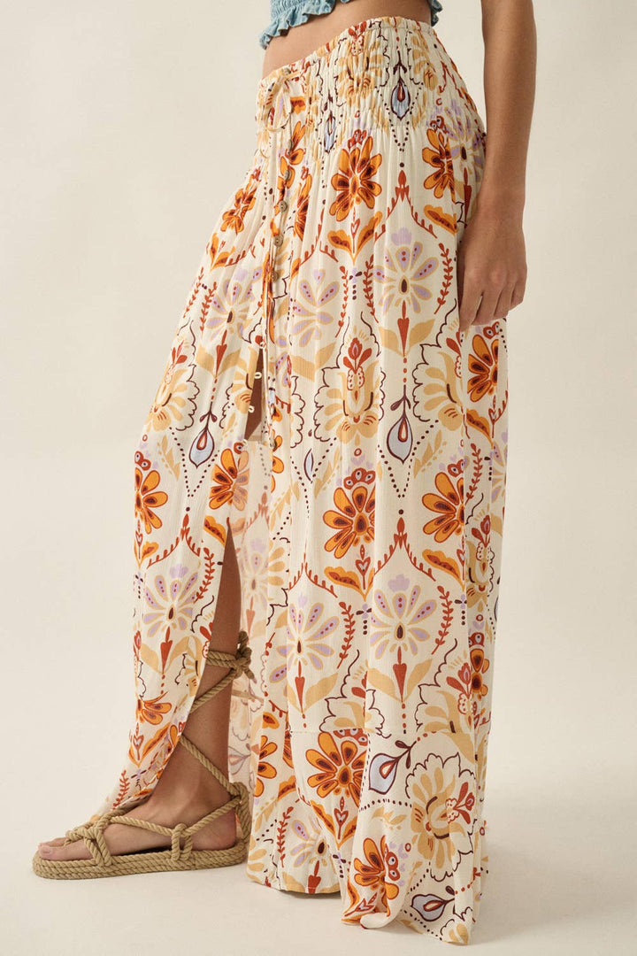 Promesa USA - Multicolor Ornate Floral-Print Button-Front Maxi Skirt in Cream-Sand 4