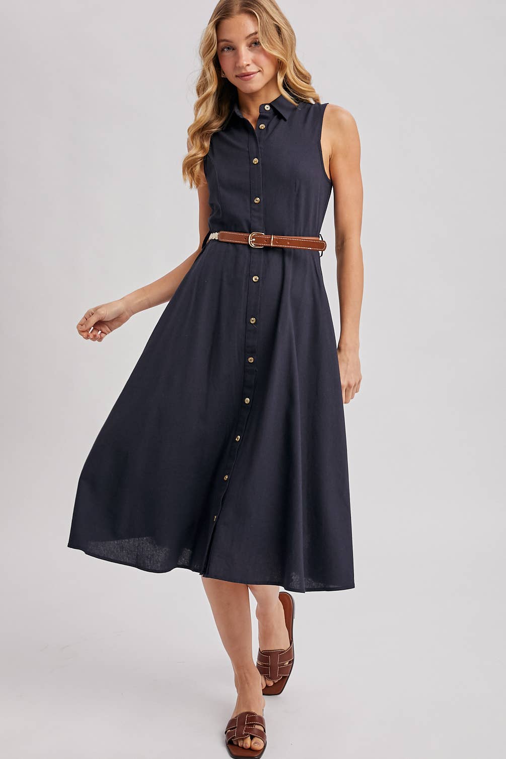 Bluivy Sleeveless Belted Shirt Midi Dress D02852 | Navy Button Down Shop Emma's Bluivy Sleeveless Belted Shirt Midi Dress D02852 | Navy Button Down Shop Emma's
