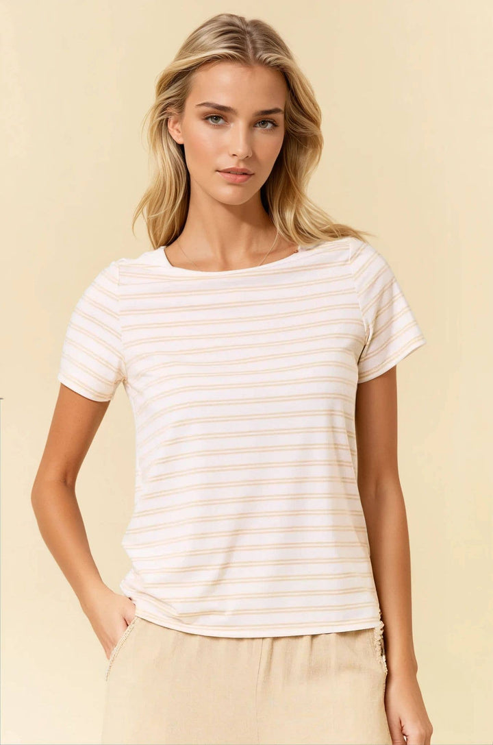 Doe and Rae - Soft Stripe Boat Neck Short Sleeve Tee in Cream