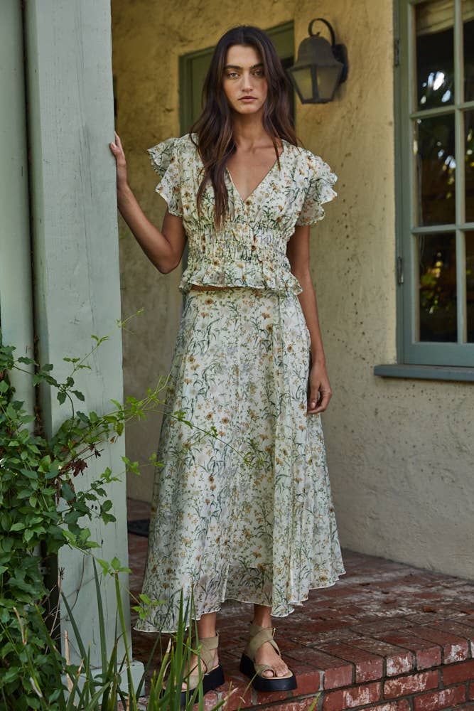 By Together - Woven Floral Print V-Neck Ruffle Top in Ivory Green 1