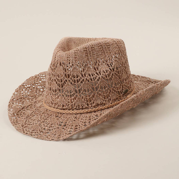 Fashion City - Lace Pattern Braided Band Sun Hat in Taupe