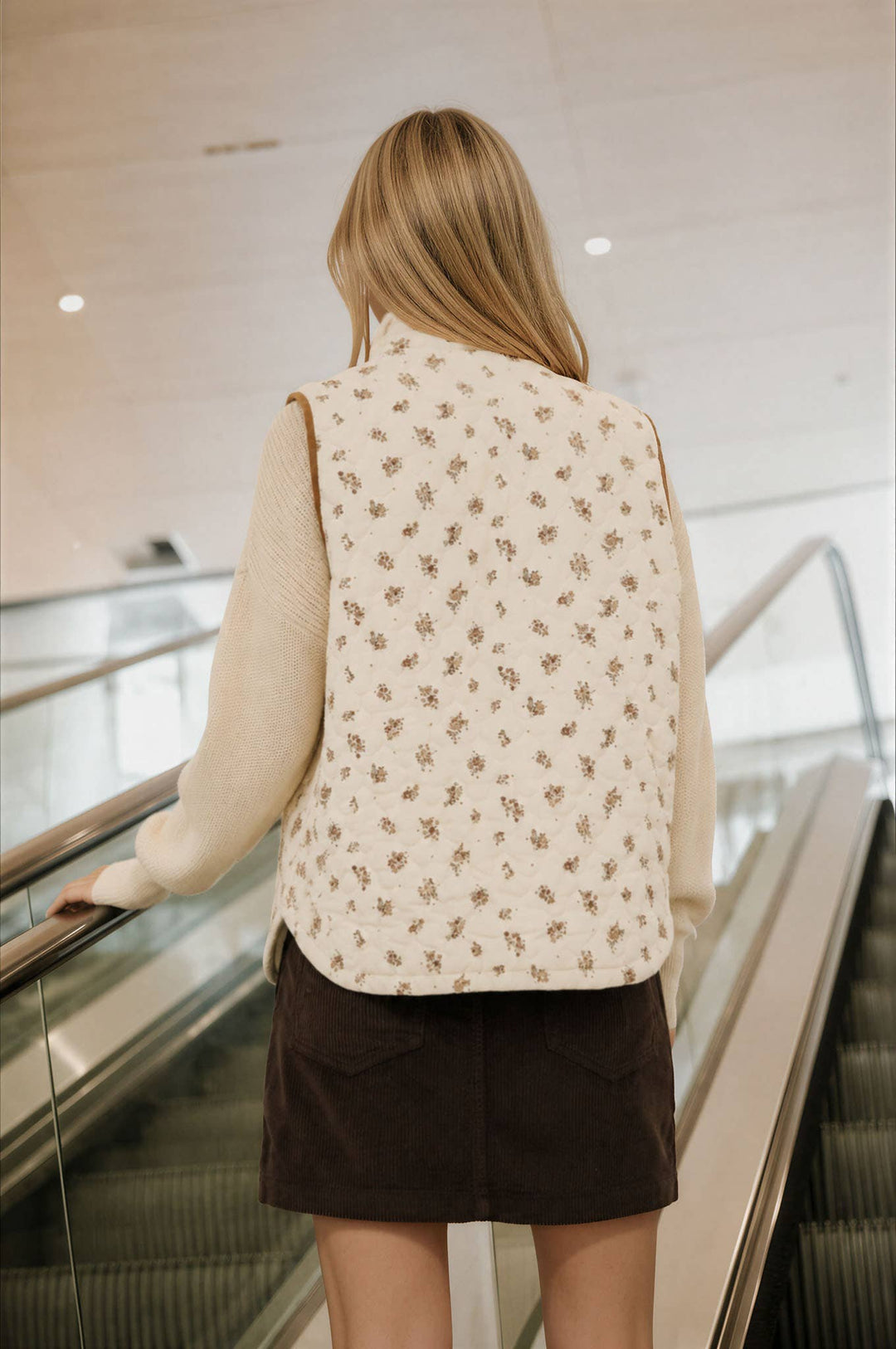 Blu Pepper - Cream Multi Floral Quilted Zip-Front Vest 1