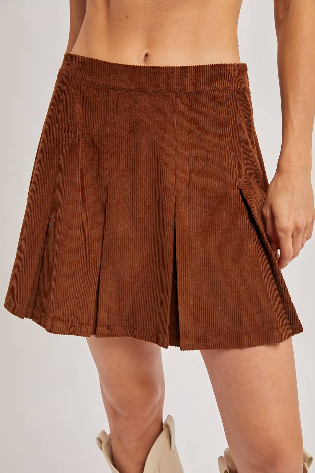 Bluivy Corduroy Pleated Mini Skirt in Brown
