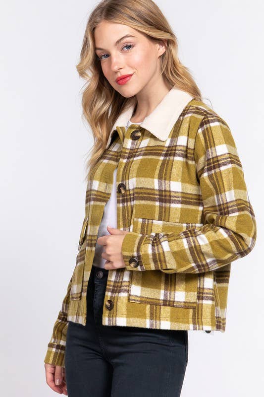 Long Sleeve Fur Collar Plaid Shacket