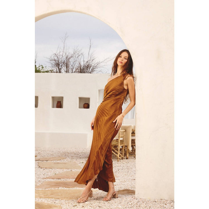 Olympia Asymmetrical Pleated Maxi Dress Golden Ochre 2