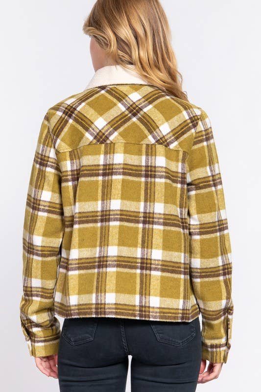 Long Sleeve Fur Collar Plaid Shacket