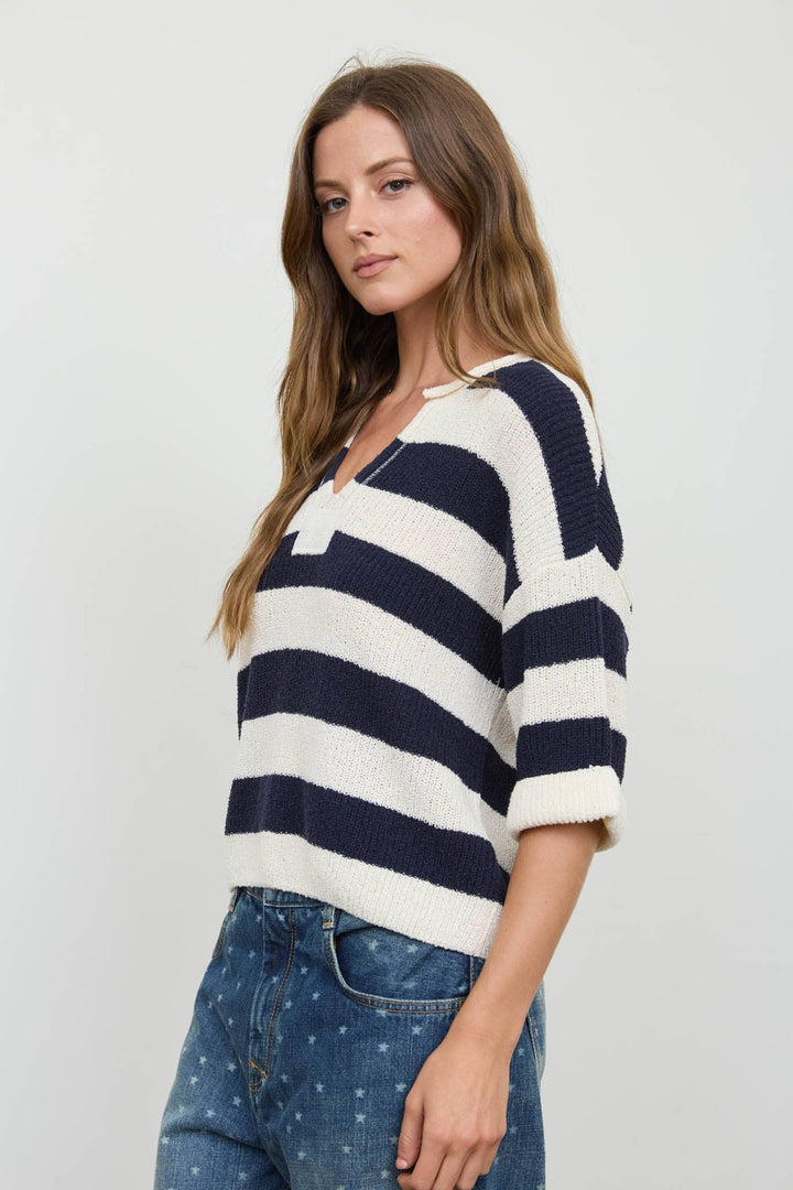 Blu Pepper - Wide-Stripe Split-Neck Short-Sleeve Sweater in Navy side