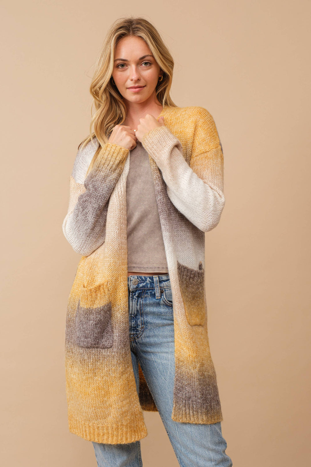 Ombre Brushed Yarn Knit Open Cardigan mustard3