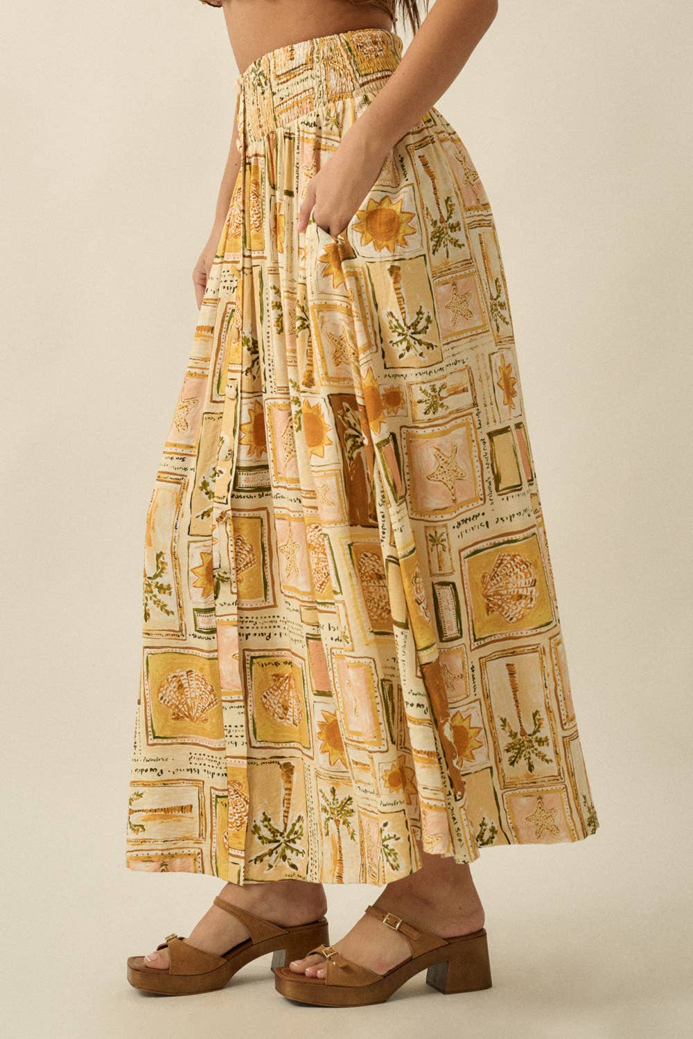 Promesa USA - Tropical-Print Smocked Maxi Skirt in Butter side