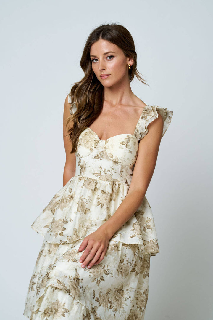 Blu Pepper - Floral Print Ruffle Tiered Spaghetti Midi Dress in Light Khaki 6