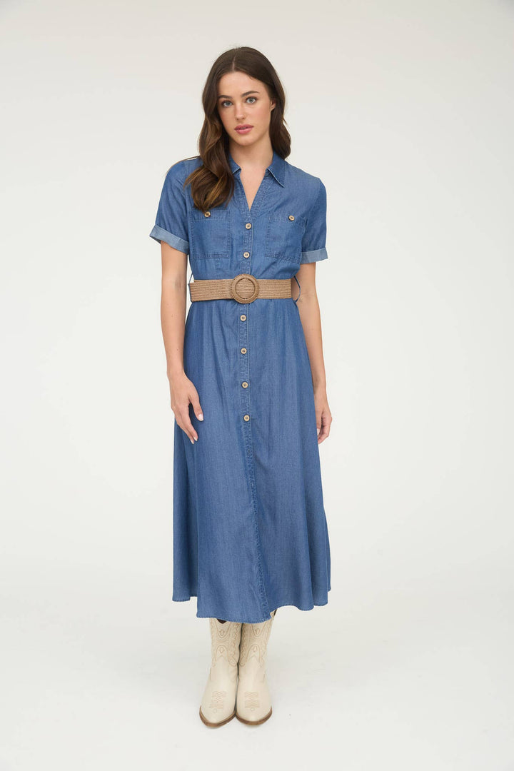 Chambray Collared Belted Shirt Dress Indigo 4