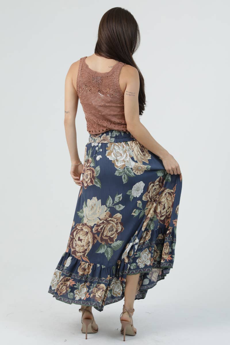 Angie Smocked Waist Ruffle Hem Maxi Skirt in Indigo 3