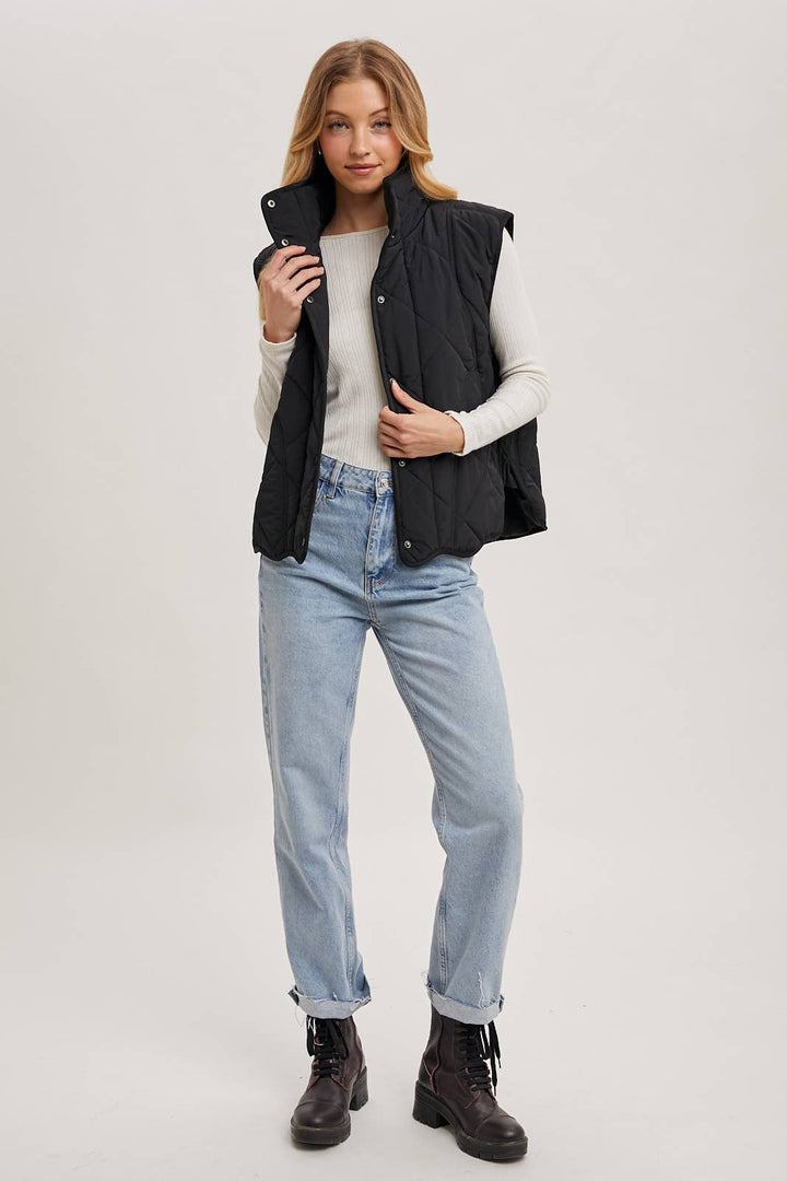 Bluivy Button-Down Quilted Puffer Vest with Pockets in Black 7