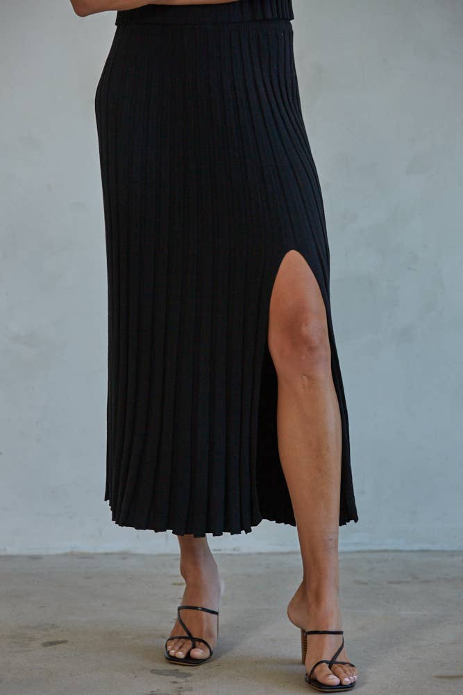 By Together W1324 black ribbed knit midi skirt with front slit