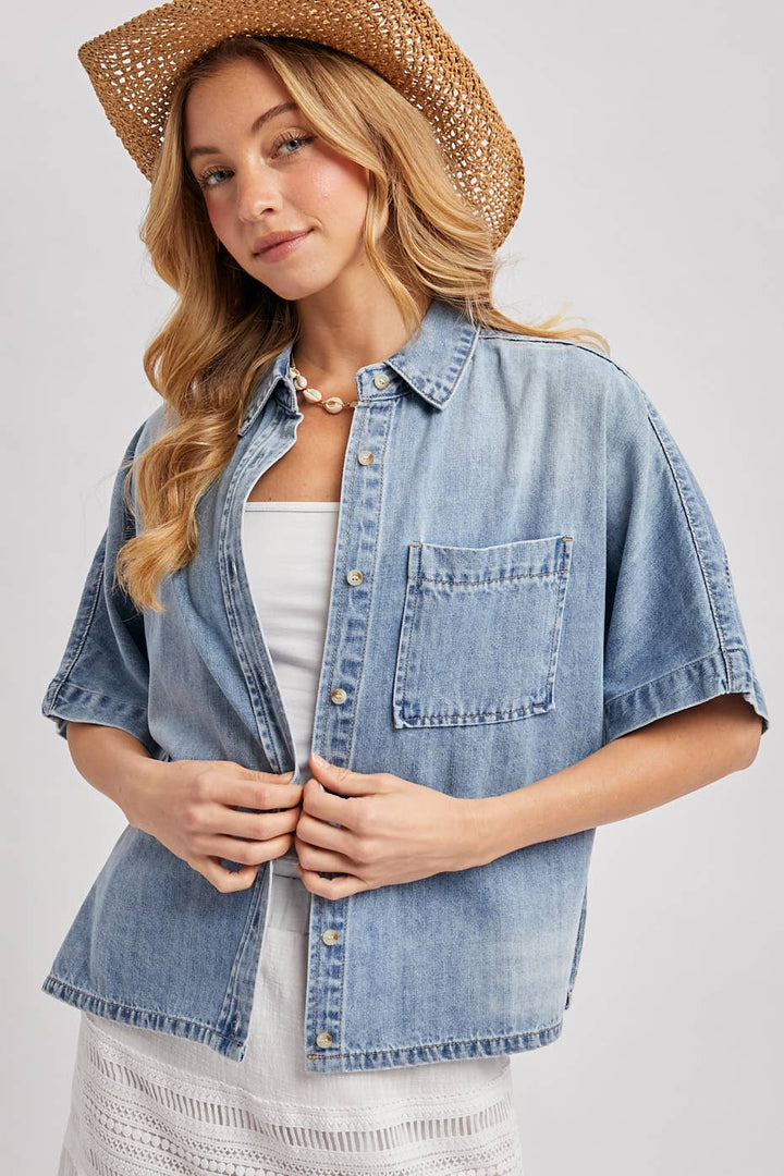 Bluivy light wash denim button down boxy shirt