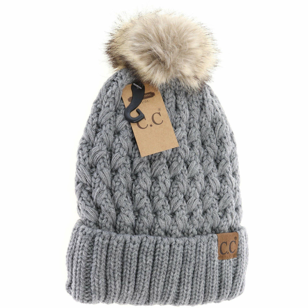 C.C Beanie Solid Lattice Fur Pom Cc Beanie Yj826