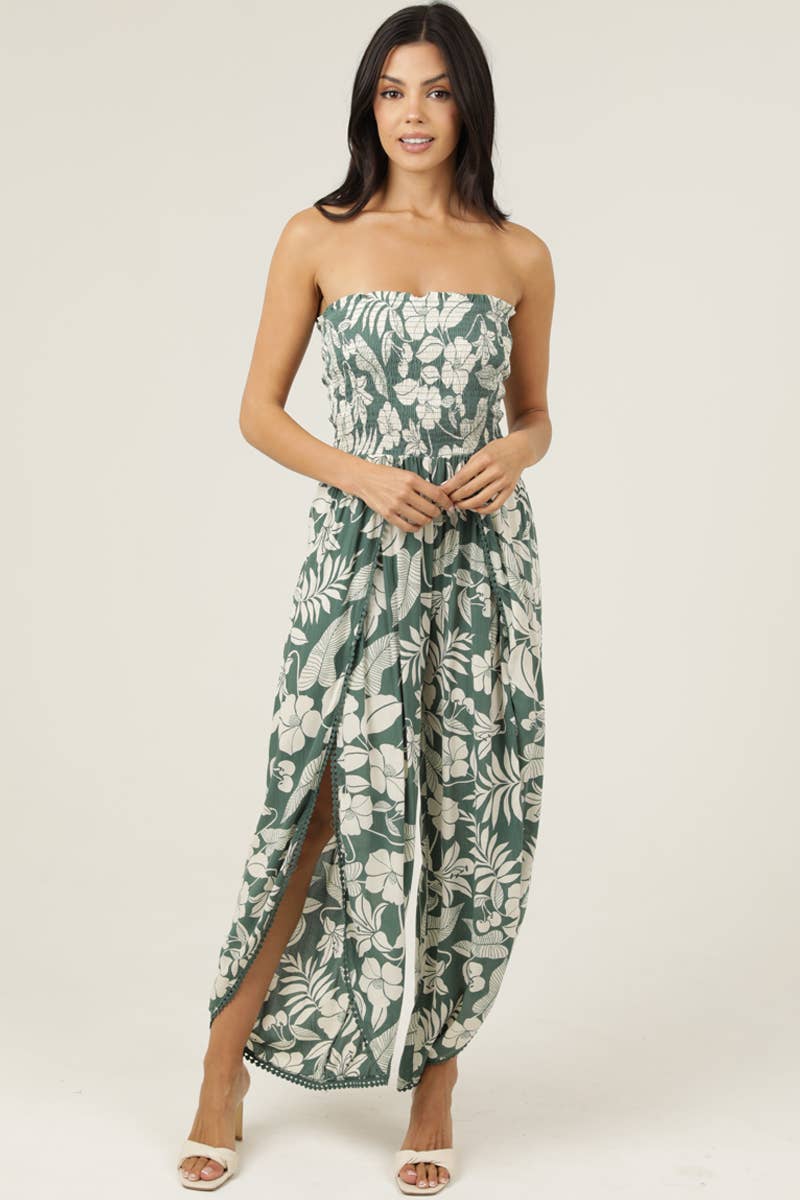 Angie Smocked Bodice Wrap Leg Jumpsuit in Green 1