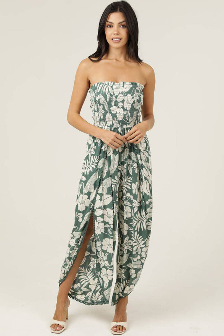 Angie Smocked Bodice Wrap Leg Jumpsuit in Green 1