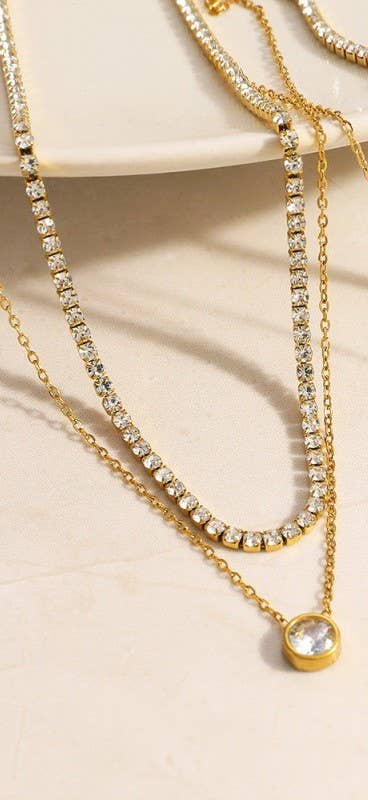 18K Gold Rhinestone &amp; Zircon Pendant Layered Necklace – Tarnish-Free | JOSSLYN 3