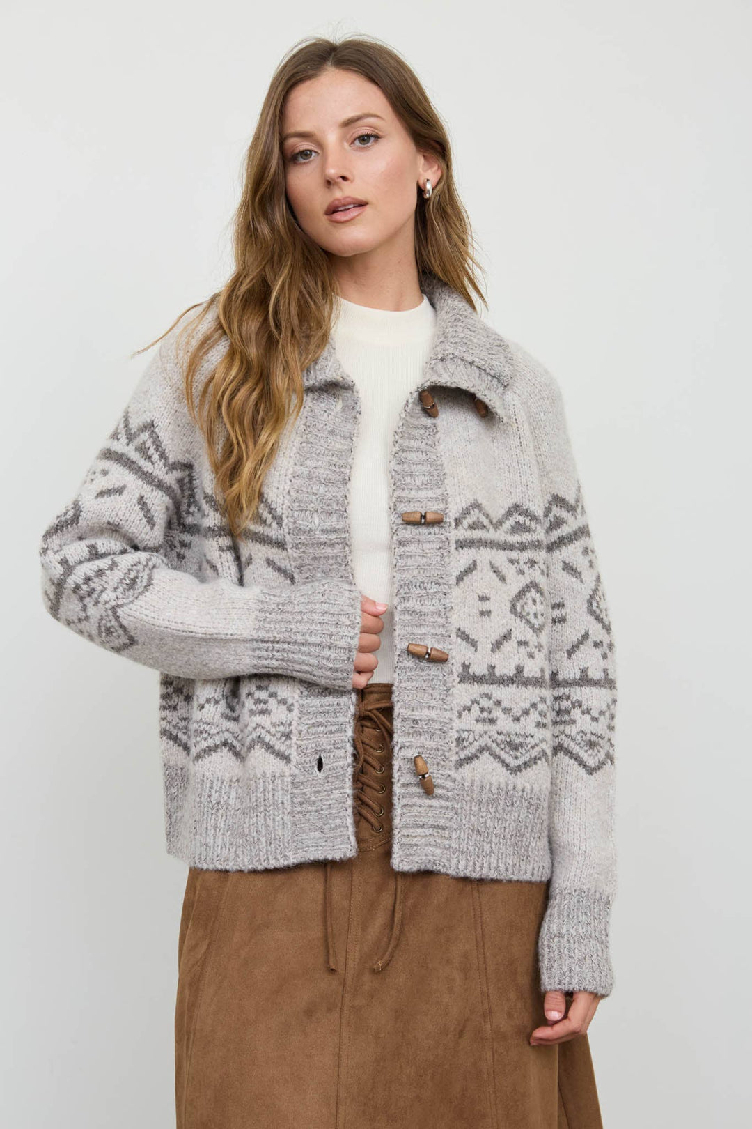 Blu Pepper - Taupe Fair Isle Toggle-Button Cardigan 4
