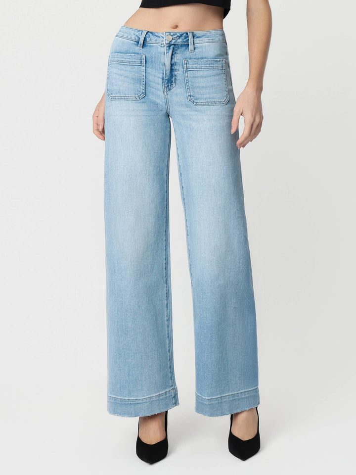Flying Monkey High Rise Light Wash Trouser Hem Wide Jeans in Dignity