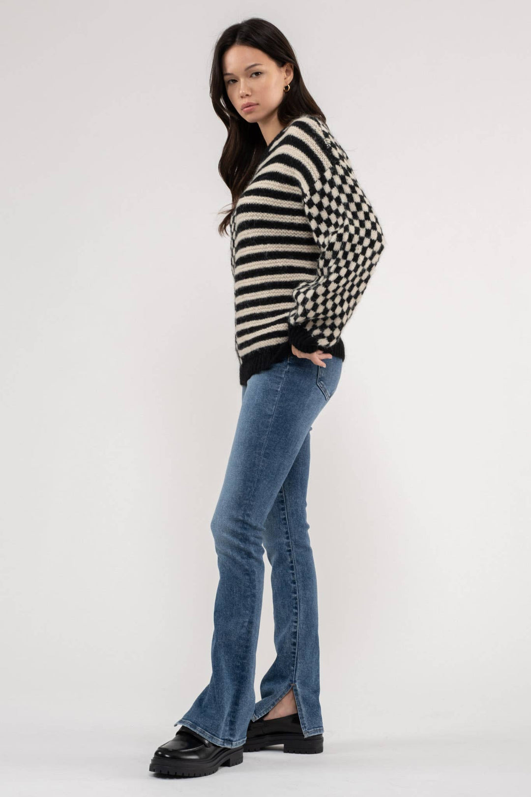 Blu Pepper Stripe Checkered Sweater